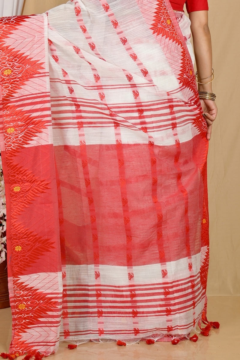 White Red Pure Cotton Borma Hand Loom Saree (2074)