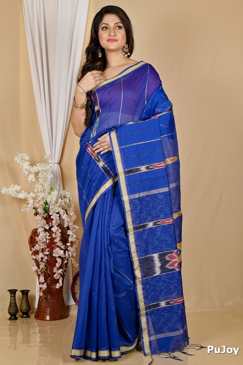 Naby Blue Blended Cotton Setori Hand Loom Saree (2075)