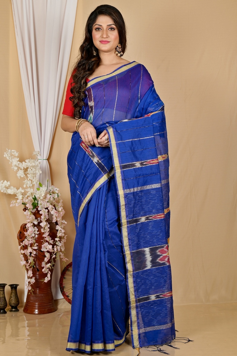 Naby Blue Blended Cotton Setori Hand Loom Saree (2075)