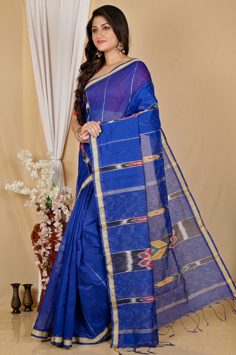 Naby Blue Blended Cotton Setori Hand Loom Saree (2075)