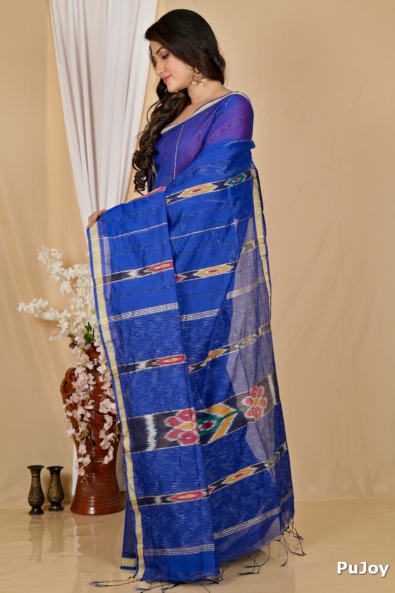 Naby Blue Blended Cotton Setori Hand Loom Saree (2075)