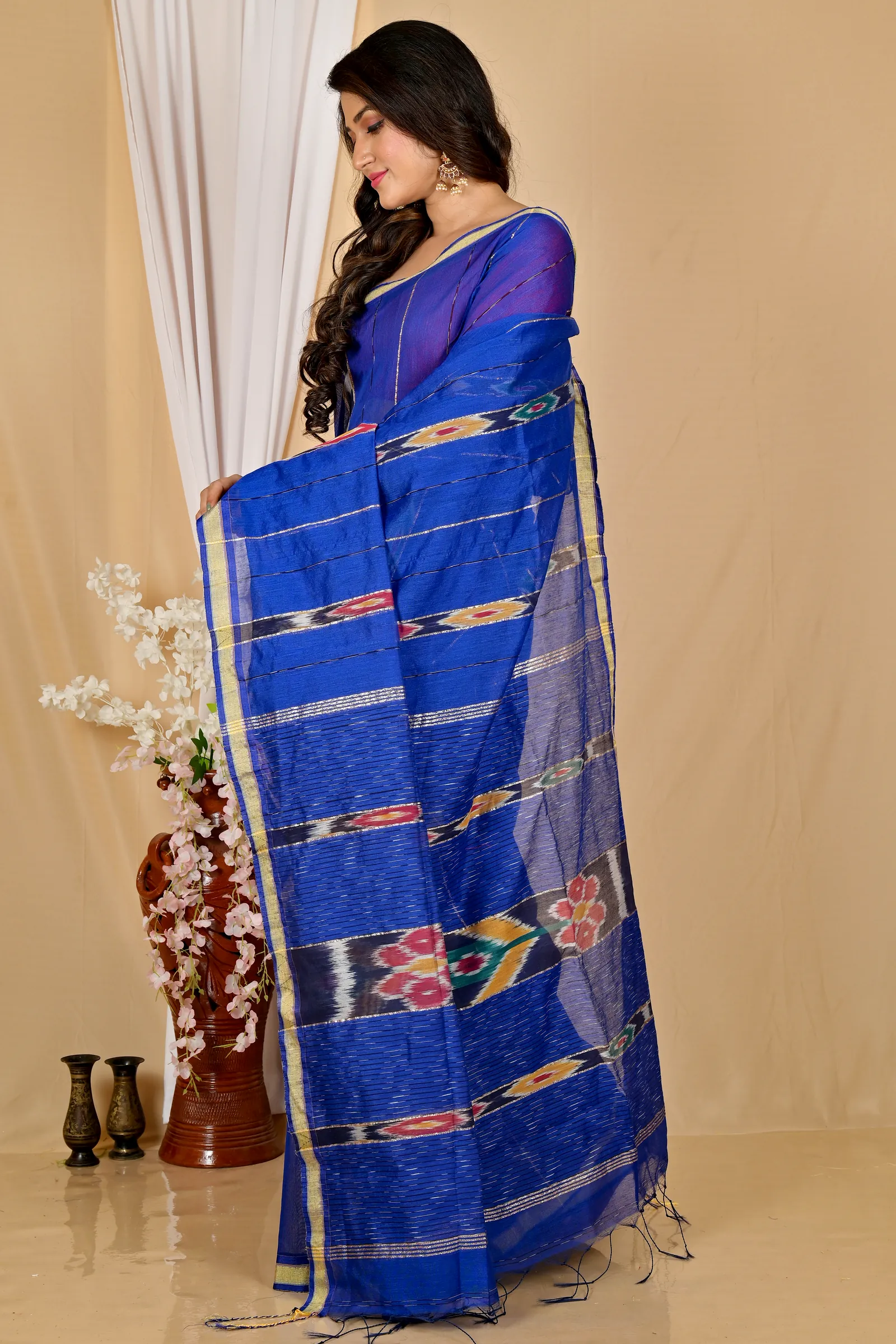 Naby Blue Blended Cotton Setori Hand Loom Saree (2075)