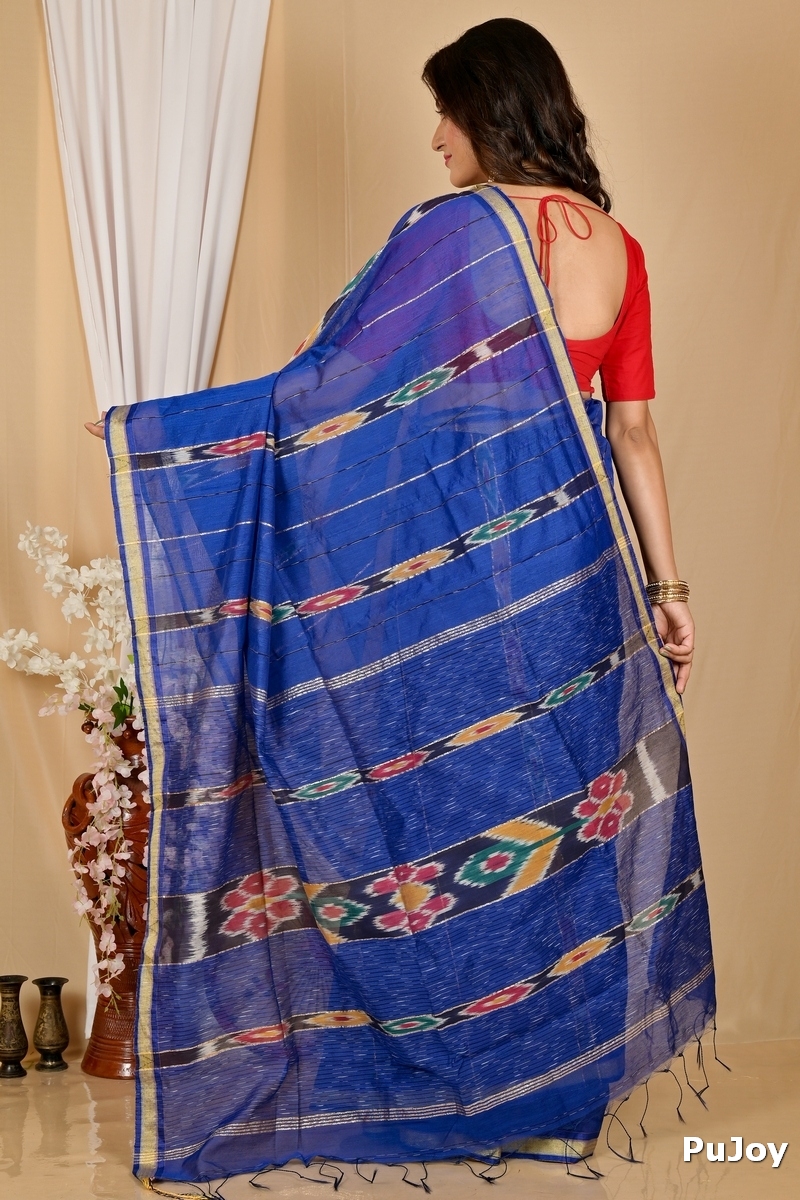 Naby Blue Blended Cotton Setori Hand Loom Saree (2075)
