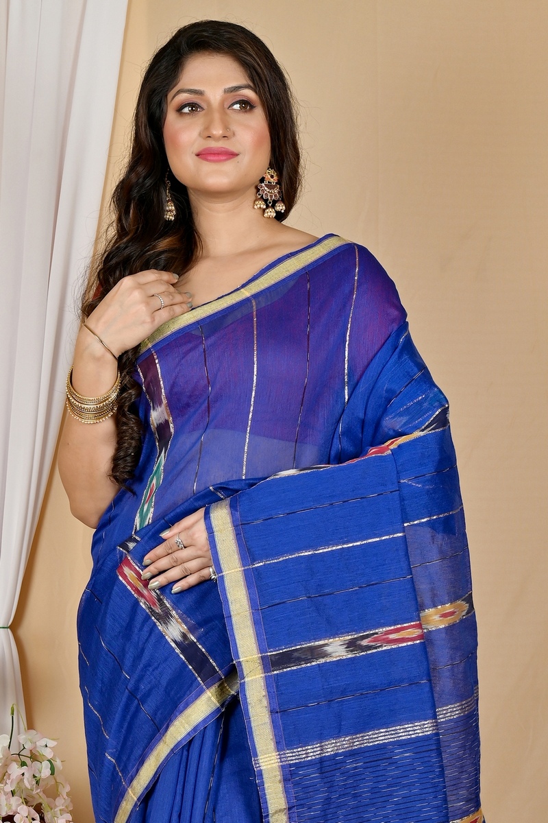 Naby Blue Blended Cotton Setori Hand Loom Saree (2075)