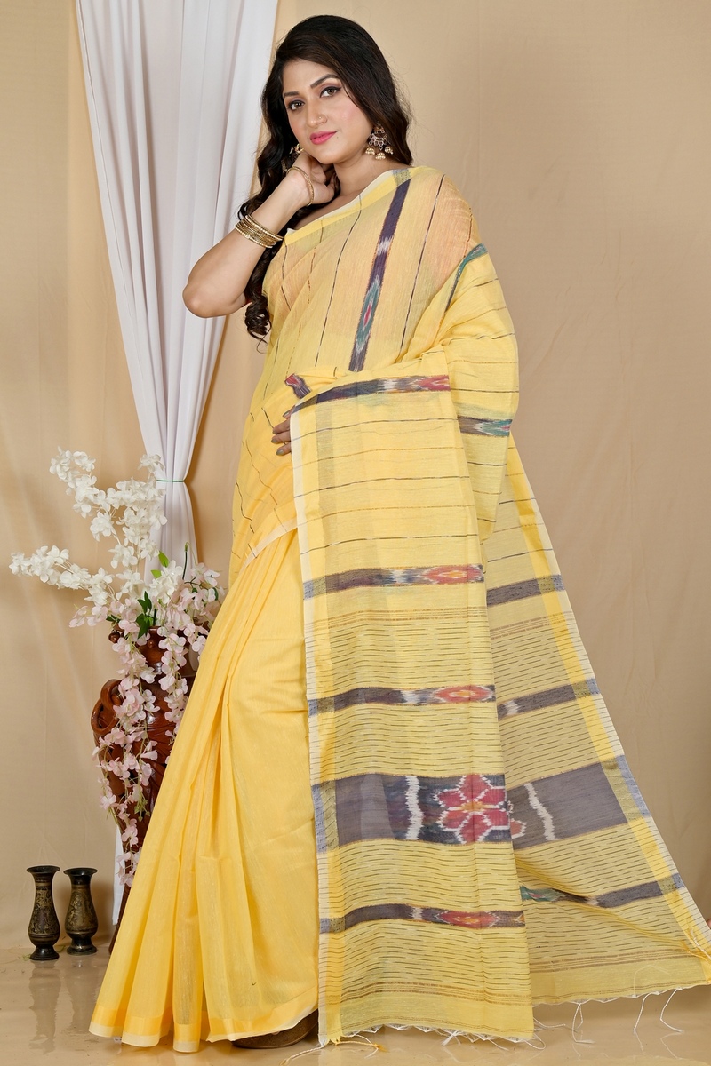 Yellow Blended Cotton Setori Hand Loom Saree (2076)