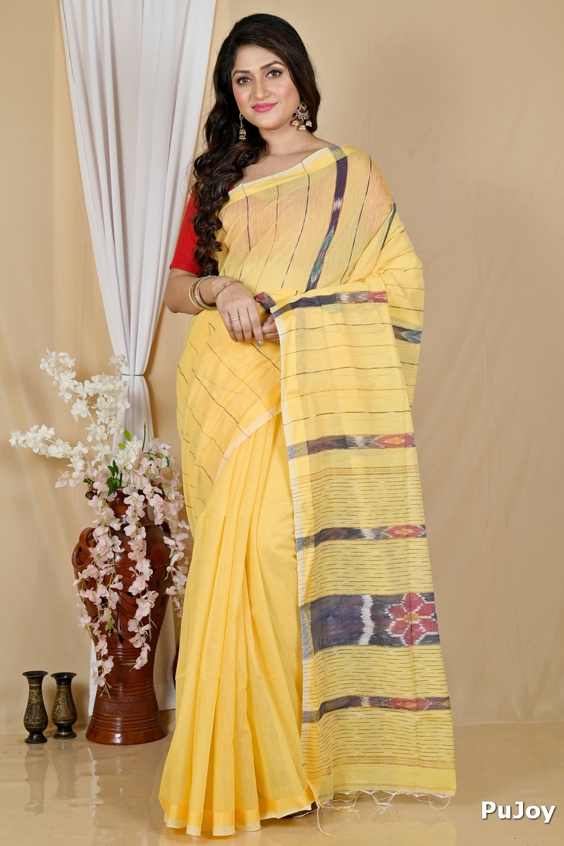 Yellow Blended Cotton Setori Hand Loom Saree (2076)