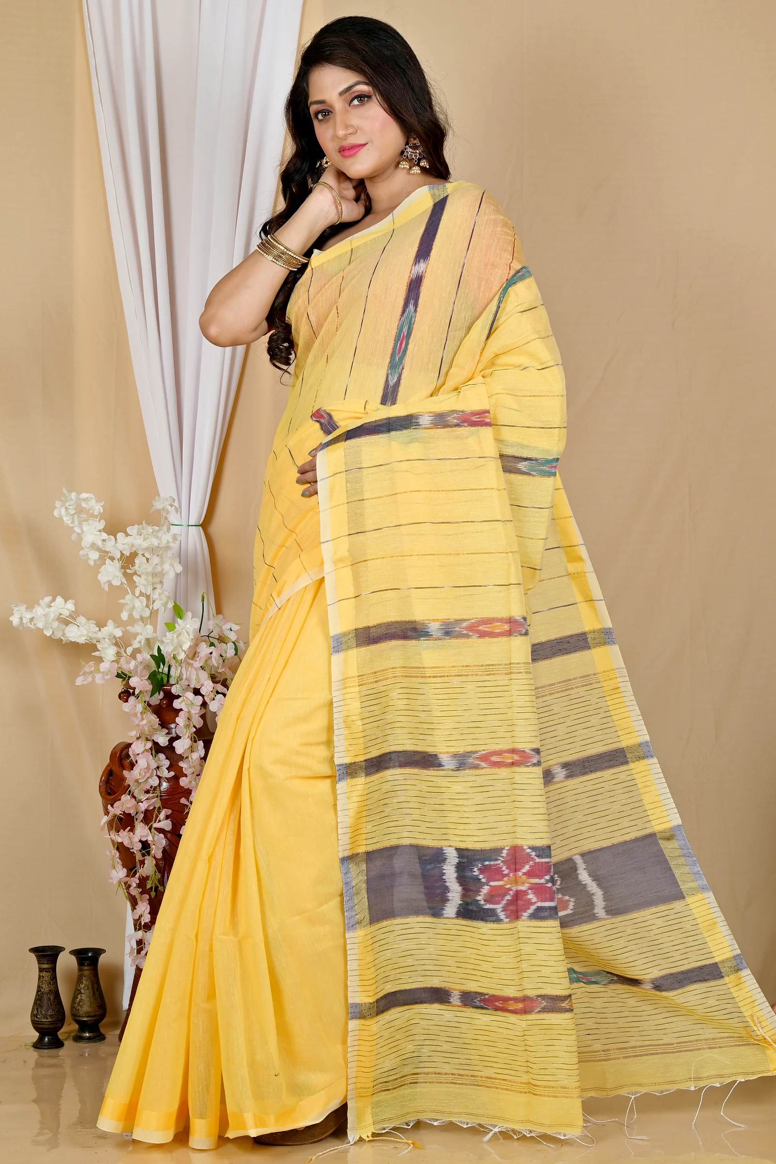 Yellow Blended Cotton Setori Hand Loom Saree (2076)