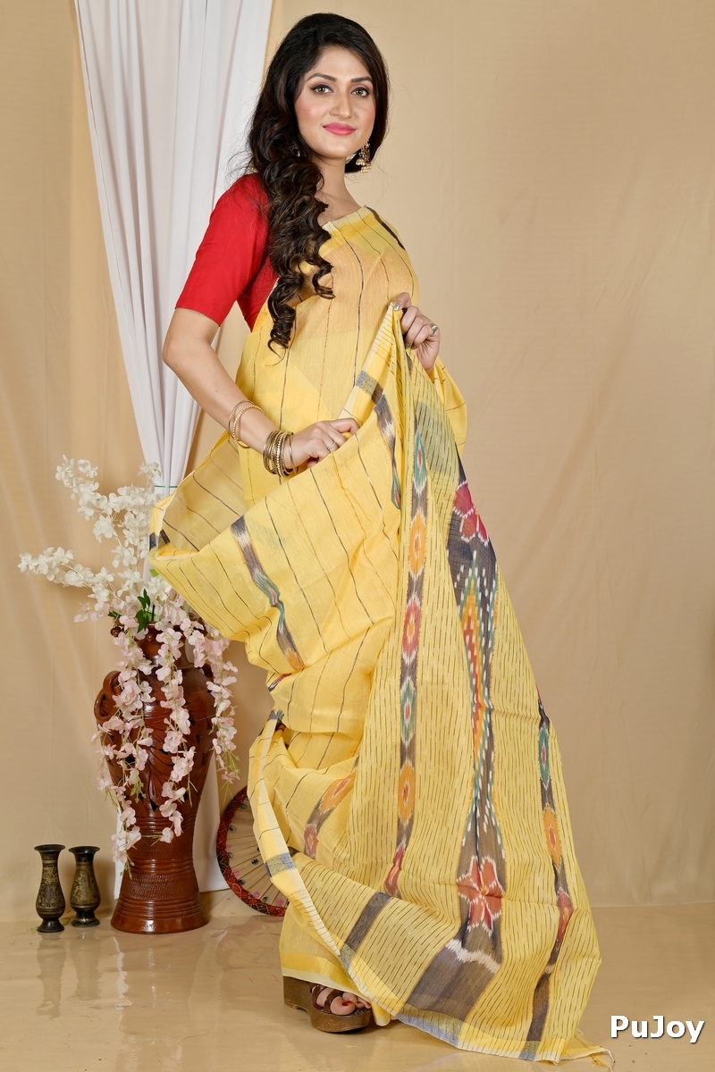 Yellow Blended Cotton Setori Hand Loom Saree (2076)