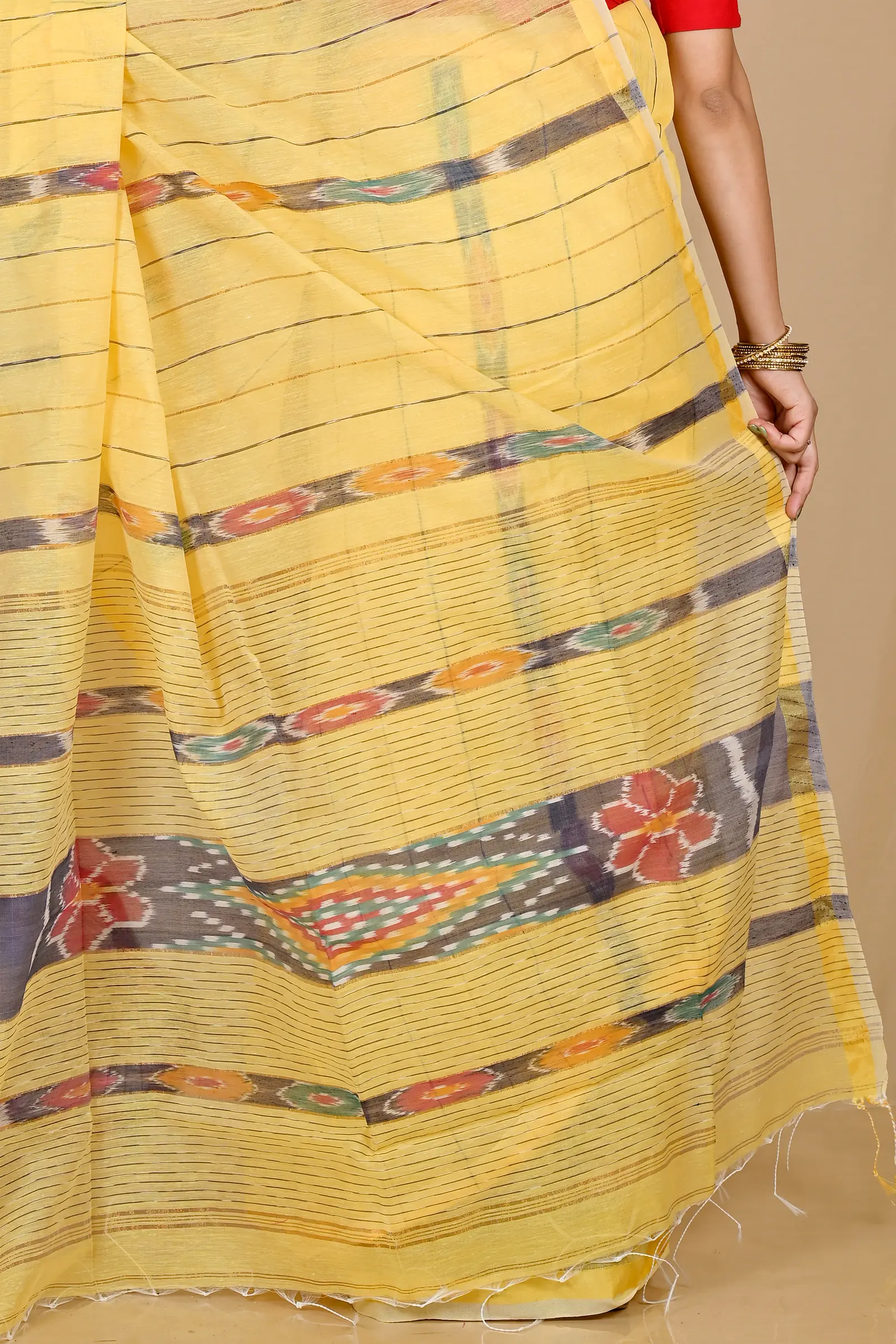 Yellow Blended Cotton Setori Hand Loom Saree (2076)