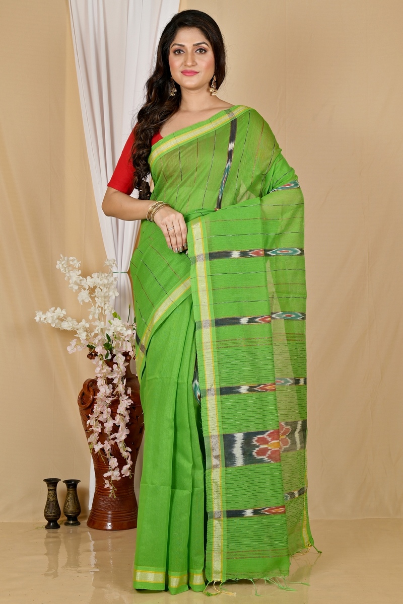 Green Blended Cotton Setori Hand Loom Saree (2077)