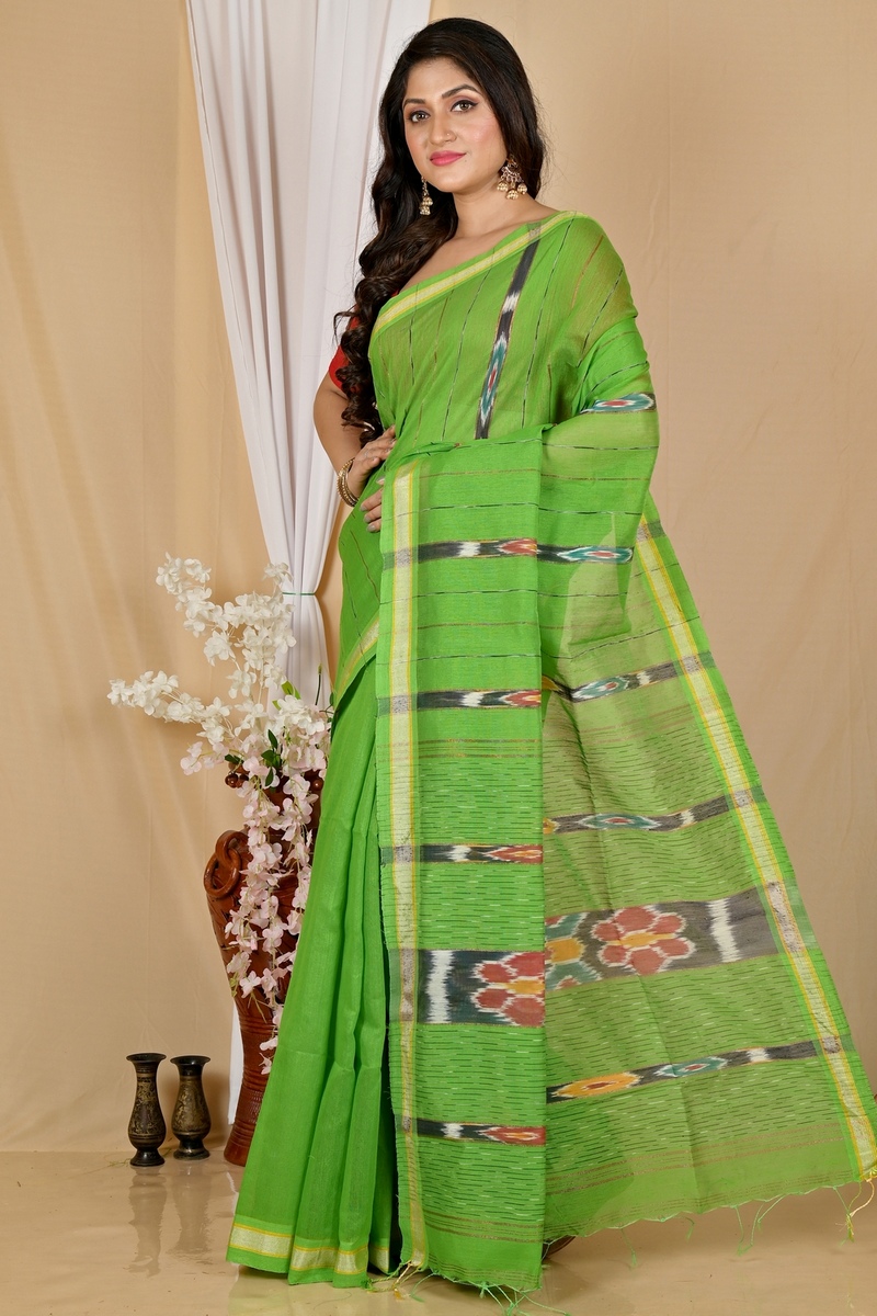 Green Blended Cotton Setori Hand Loom Saree (2077)
