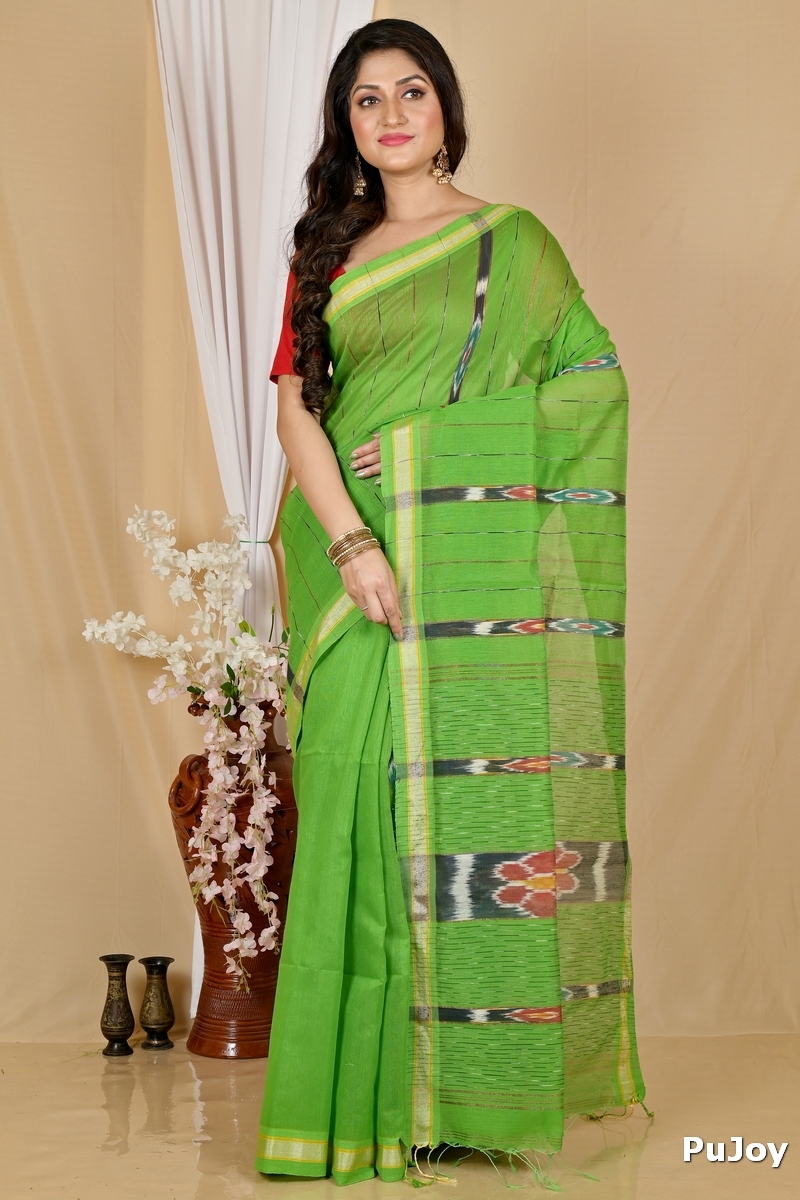 Green Blended Cotton Setori Hand Loom Saree (2077)