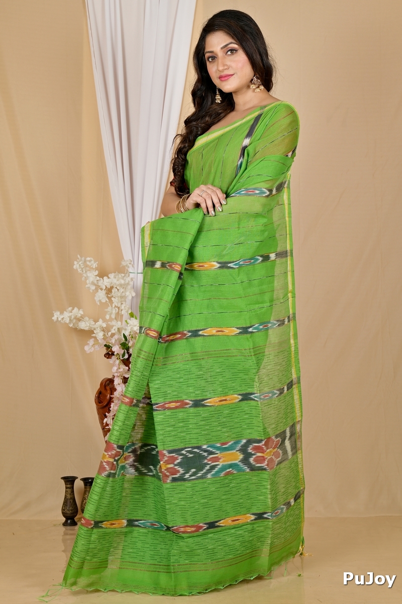 Green Blended Cotton Setori Hand Loom Saree (2077)