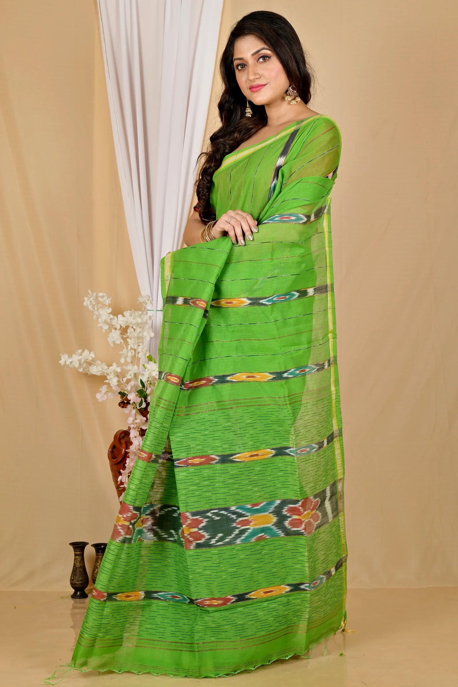 Green Blended Cotton Setori Hand Loom Saree (2077)