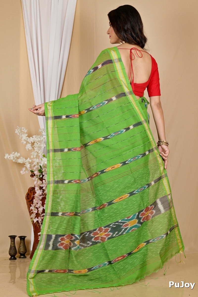 Green Blended Cotton Setori Hand Loom Saree (2077)
