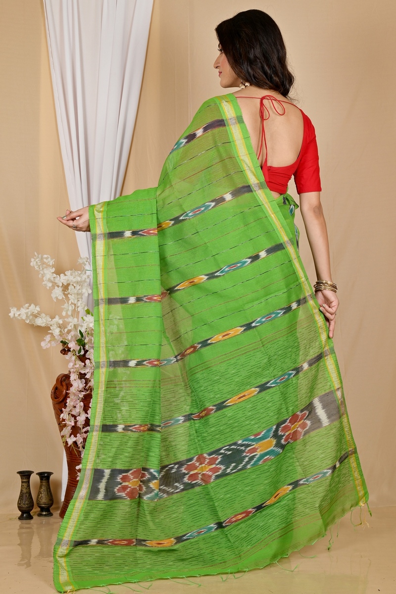 Green Blended Cotton Setori Hand Loom Saree (2077)