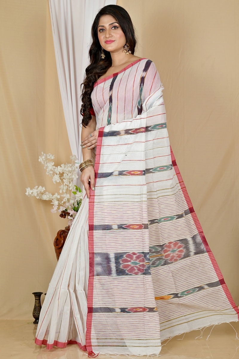 White Blended Cotton Setori Hand Loom Saree (2078)