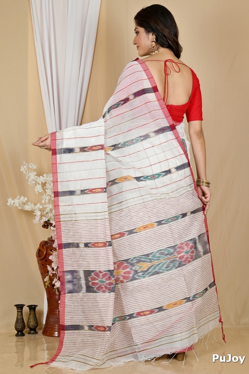 White Blended Cotton Setori Hand Loom Saree (2078)