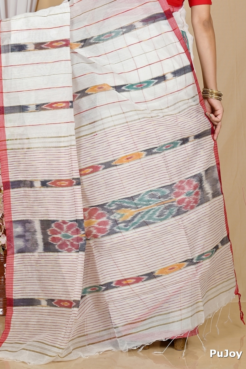 White Blended Cotton Setori Hand Loom Saree (2078)