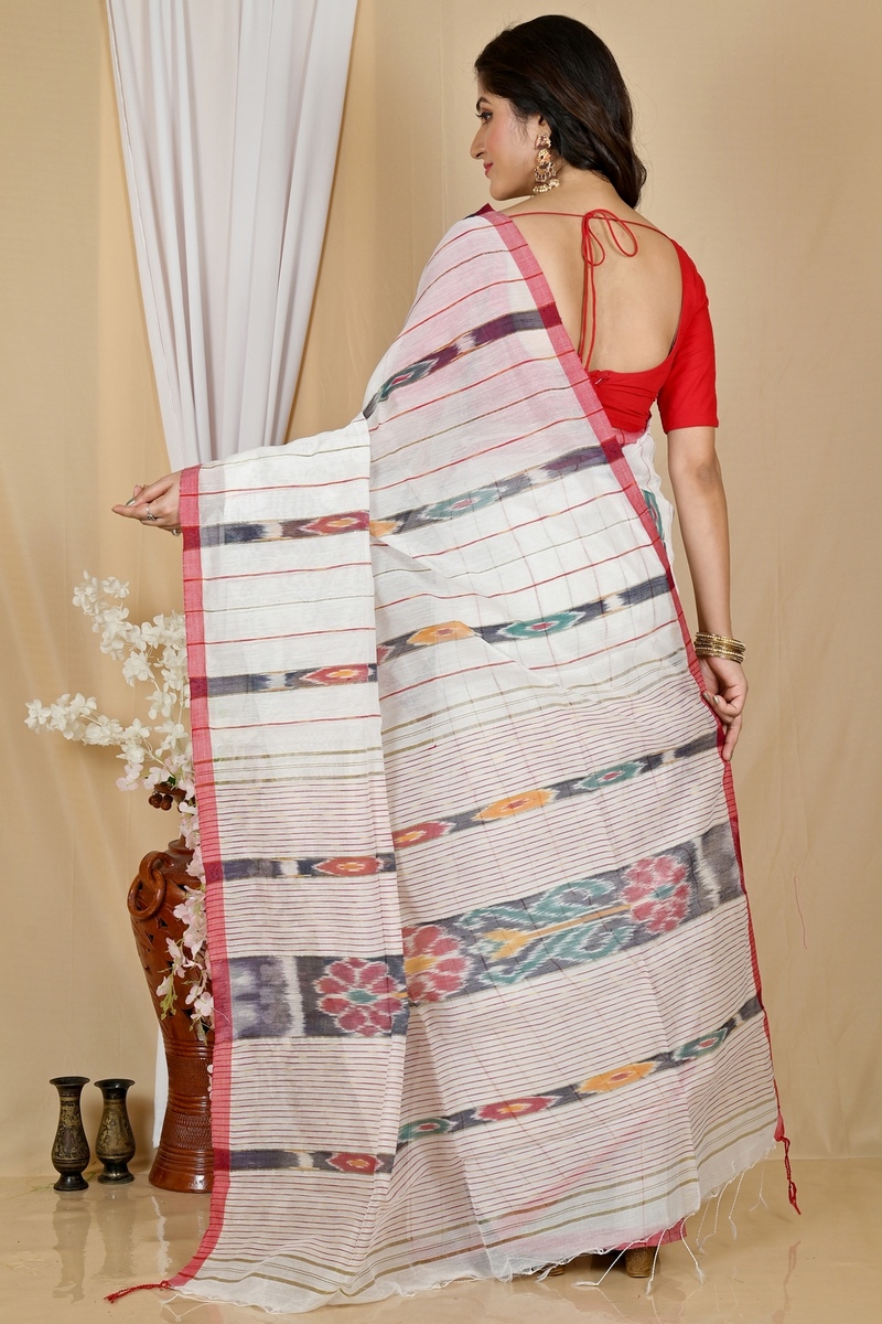 White Blended Cotton Setori Hand Loom Saree (2078)