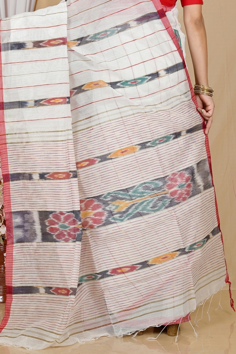 White Blended Cotton Setori Hand Loom Saree (2078)