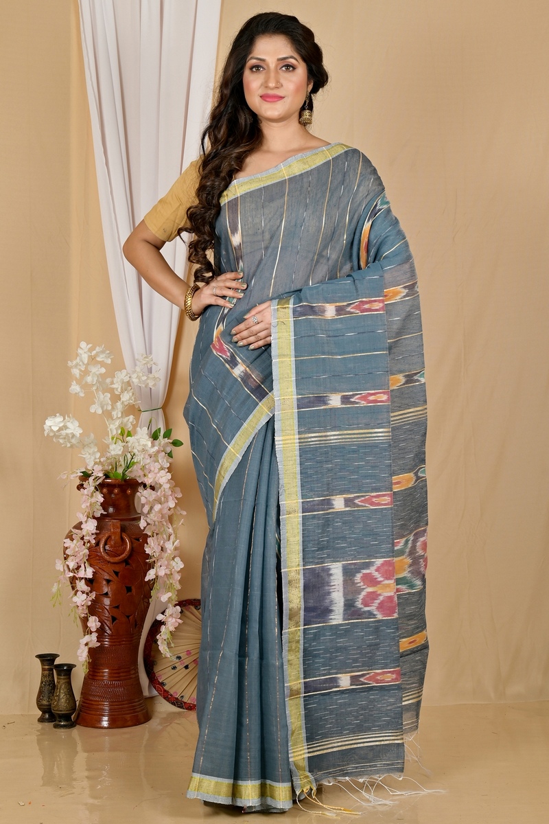 Grey Blended Cotton Setori Hand Loom Saree (2079)