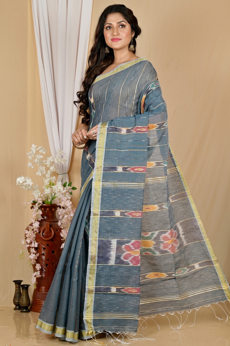 Grey Blended Cotton Setori Hand Loom Saree (2079)