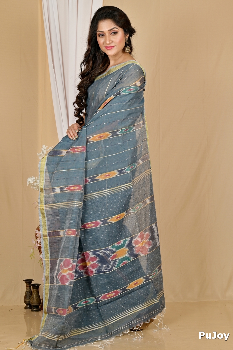 Grey Blended Cotton Setori Hand Loom Saree (2079)
