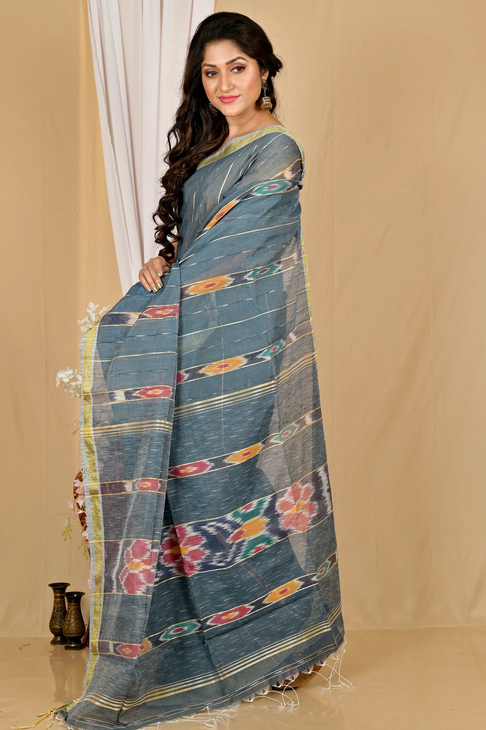 Grey Blended Cotton Setori Hand Loom Saree (2079)