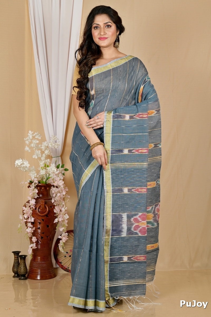 Grey Blended Cotton Setori Hand Loom Saree (2079)