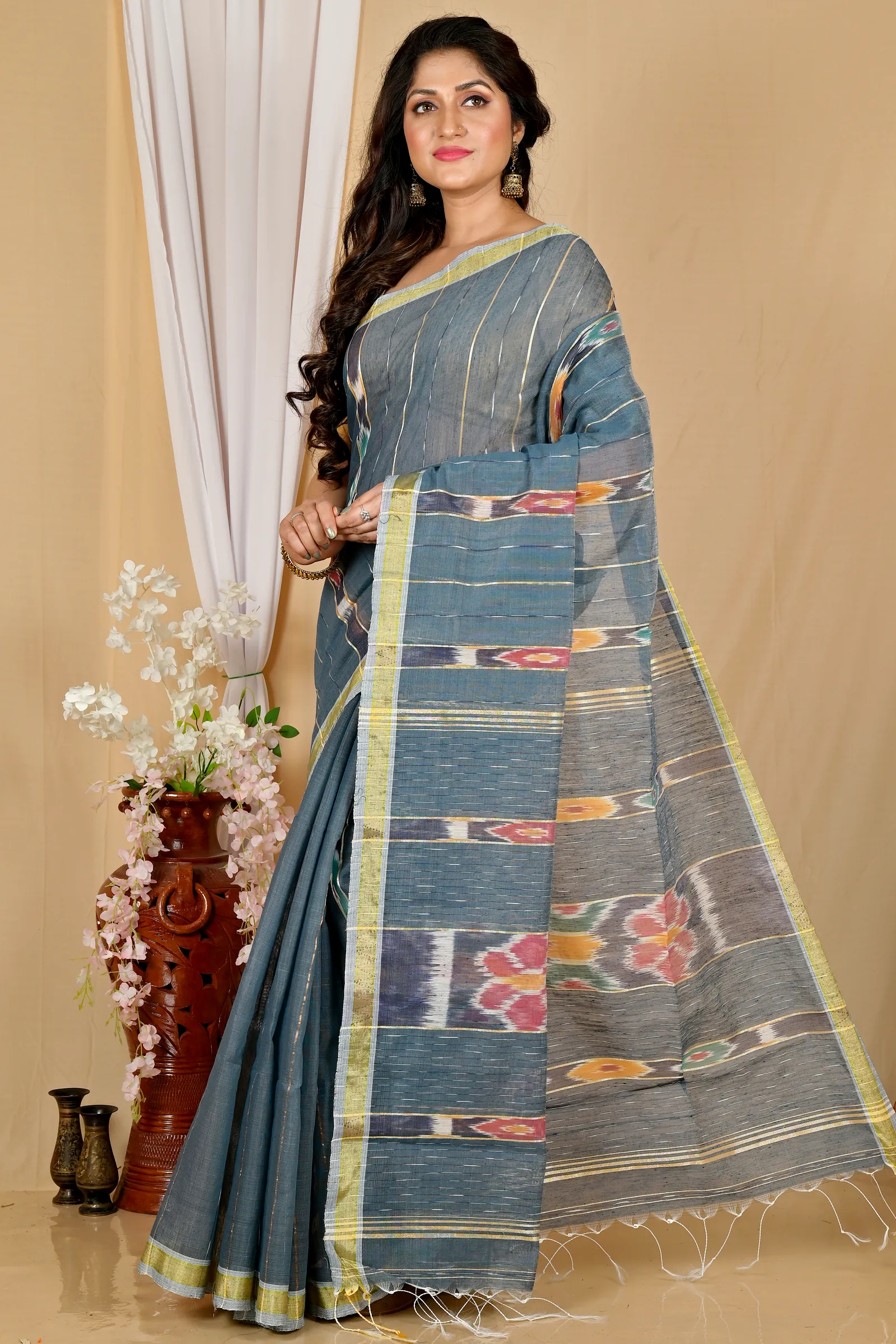 Grey Blended Cotton Setori Hand Loom Saree (2079)