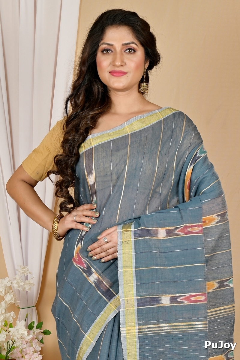 Grey Blended Cotton Setori Hand Loom Saree (2079)