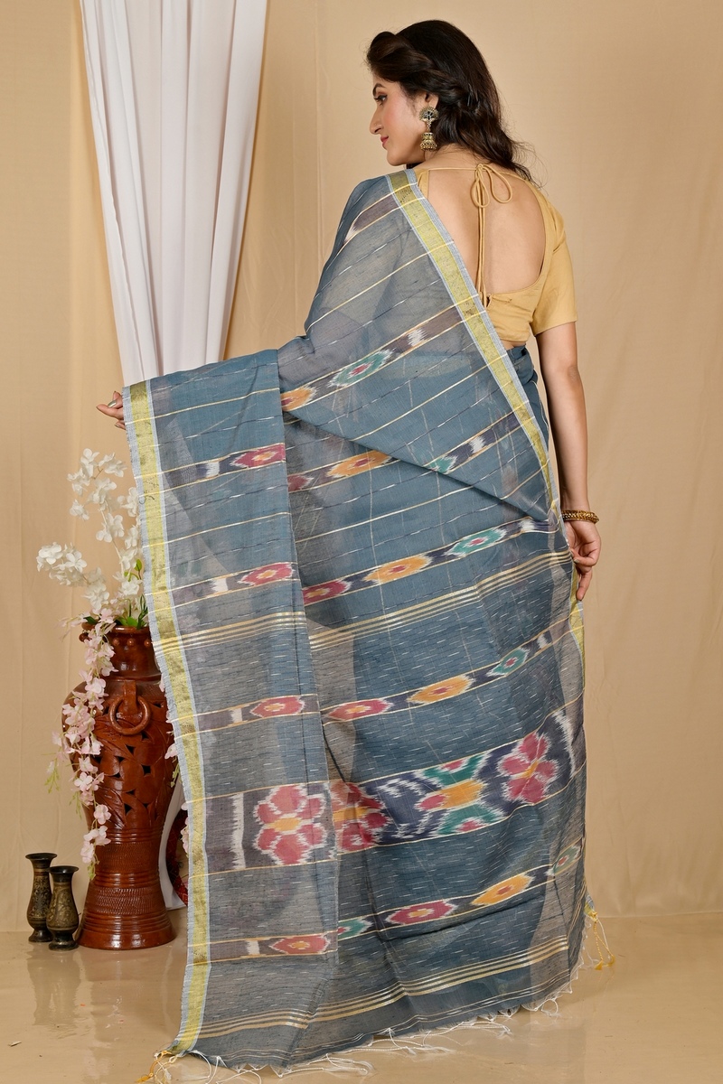 Grey Blended Cotton Setori Hand Loom Saree (2079)