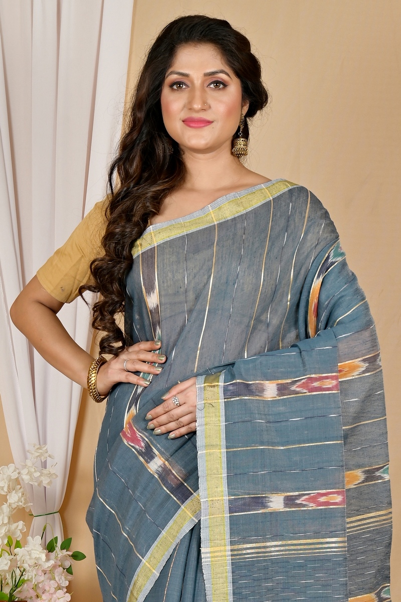 Grey Blended Cotton Setori Hand Loom Saree (2079)