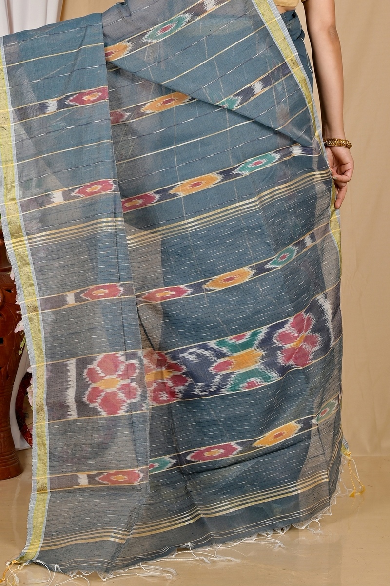 Grey Blended Cotton Setori Hand Loom Saree (2079)