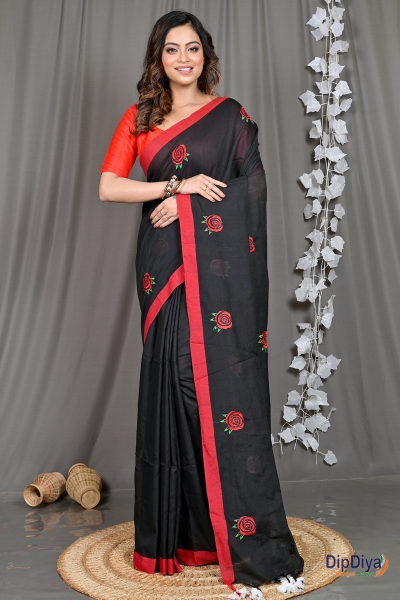 Black Pure Cotton Parag Embroidery Handloom saree (208)