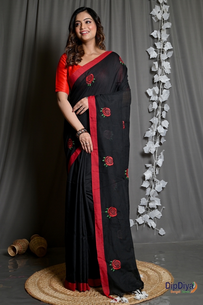 Black Pure Cotton Parag Embroidery Handloom saree (208)