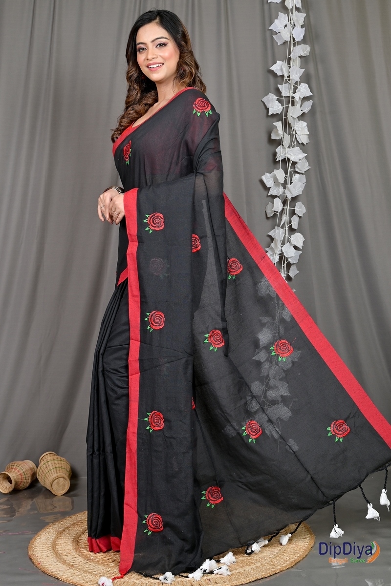 Black Pure Cotton Parag Embroidery Handloom saree (208)