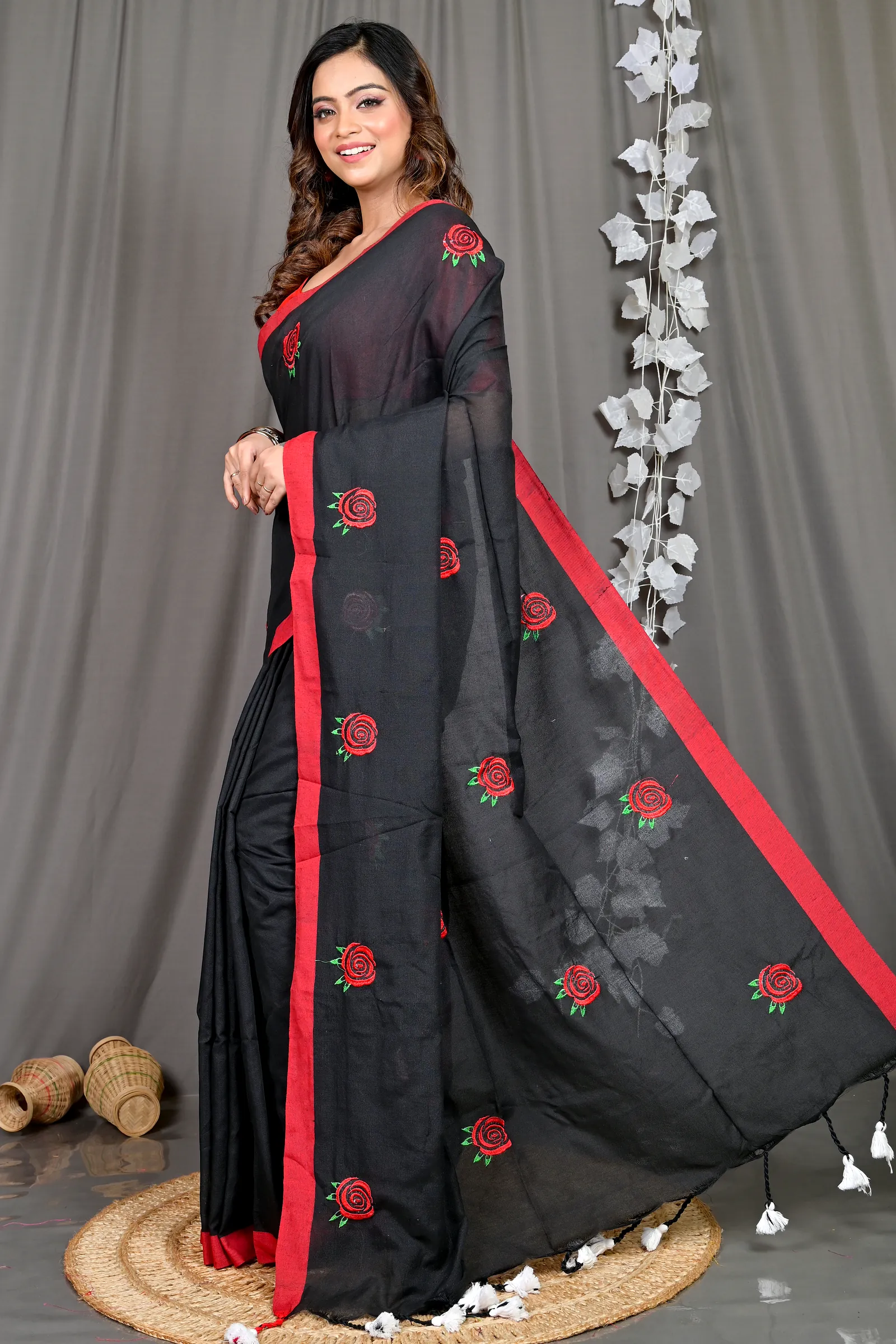 Black Pure Cotton Parag Embroidery Handloom saree (208)