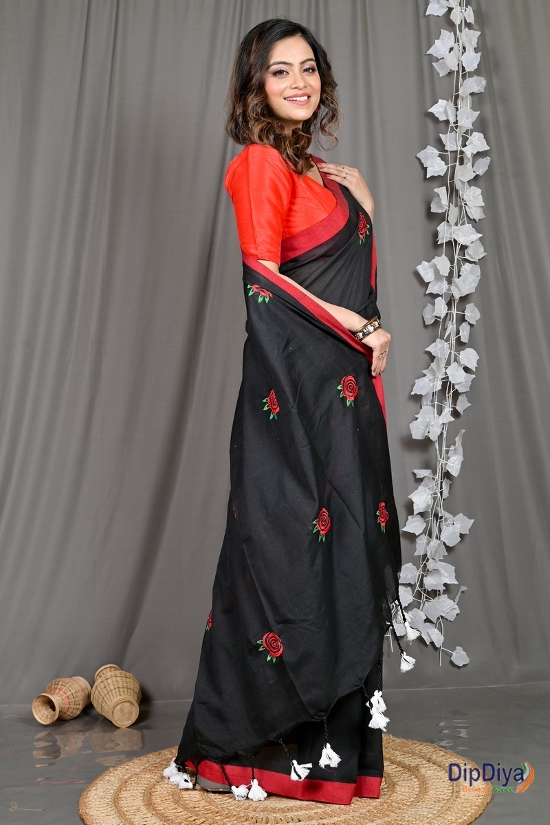Black Pure Cotton Parag Embroidery Handloom saree (208)