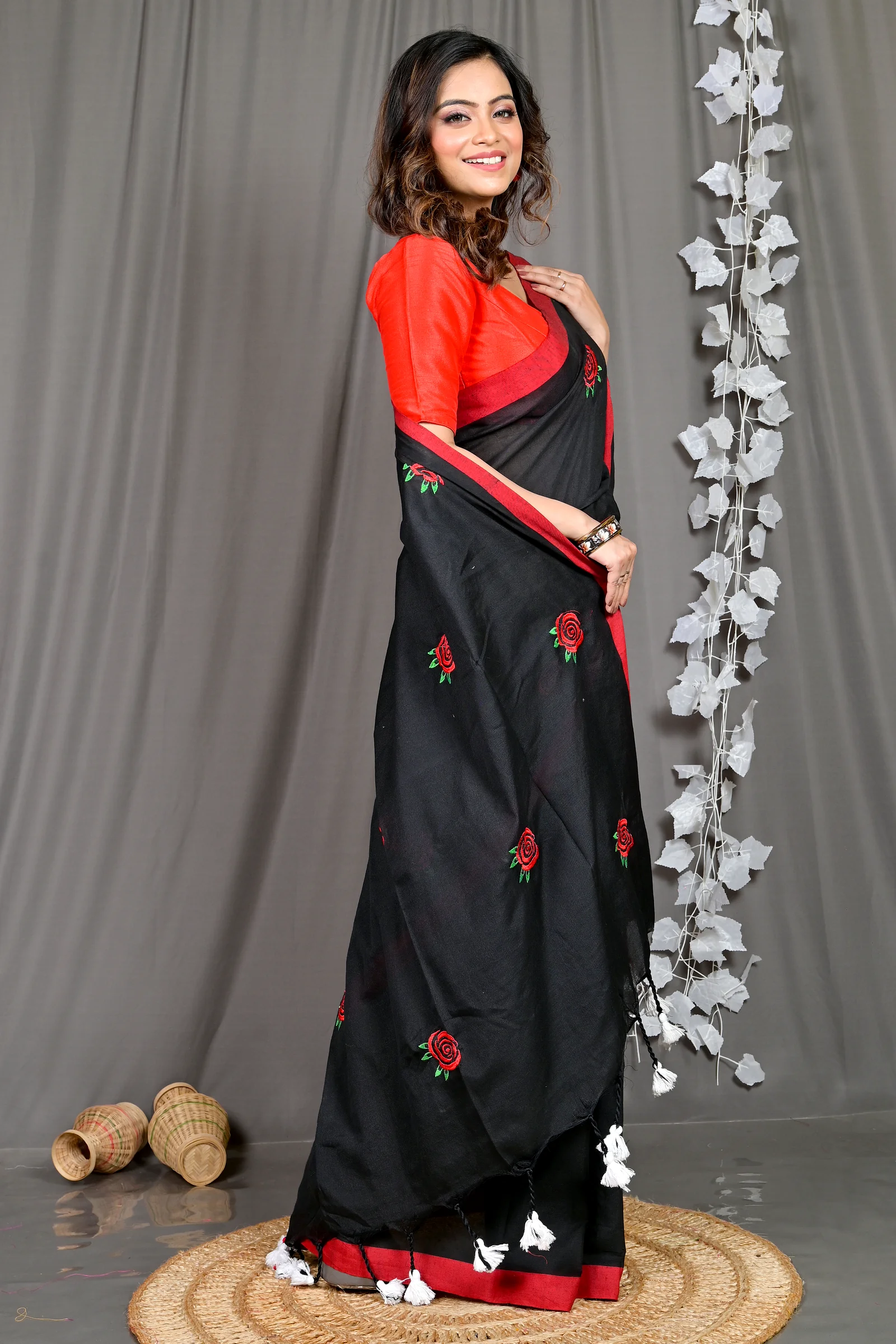 Black Pure Cotton Parag Embroidery Handloom saree (208)