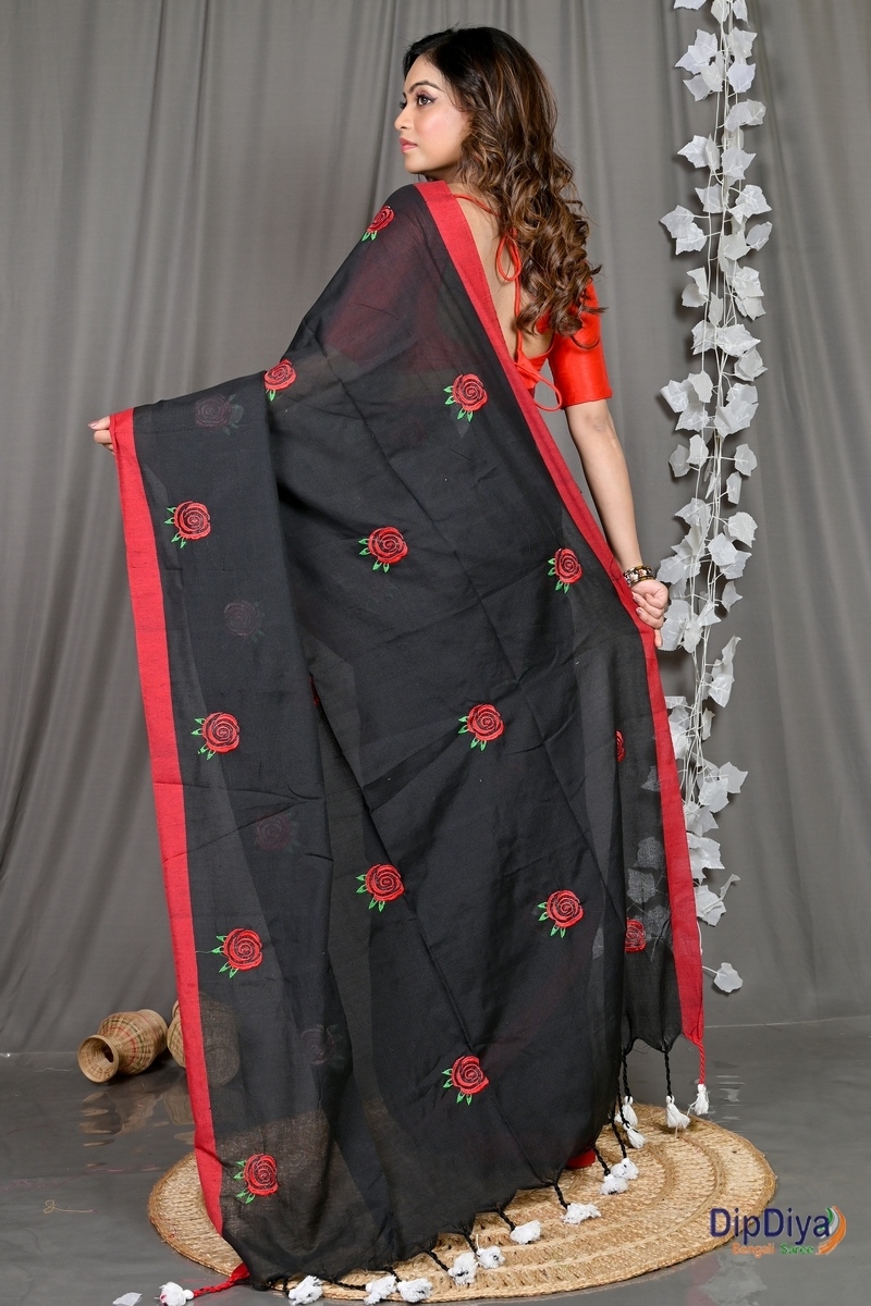 Black Pure Cotton Parag Embroidery Handloom saree (208)