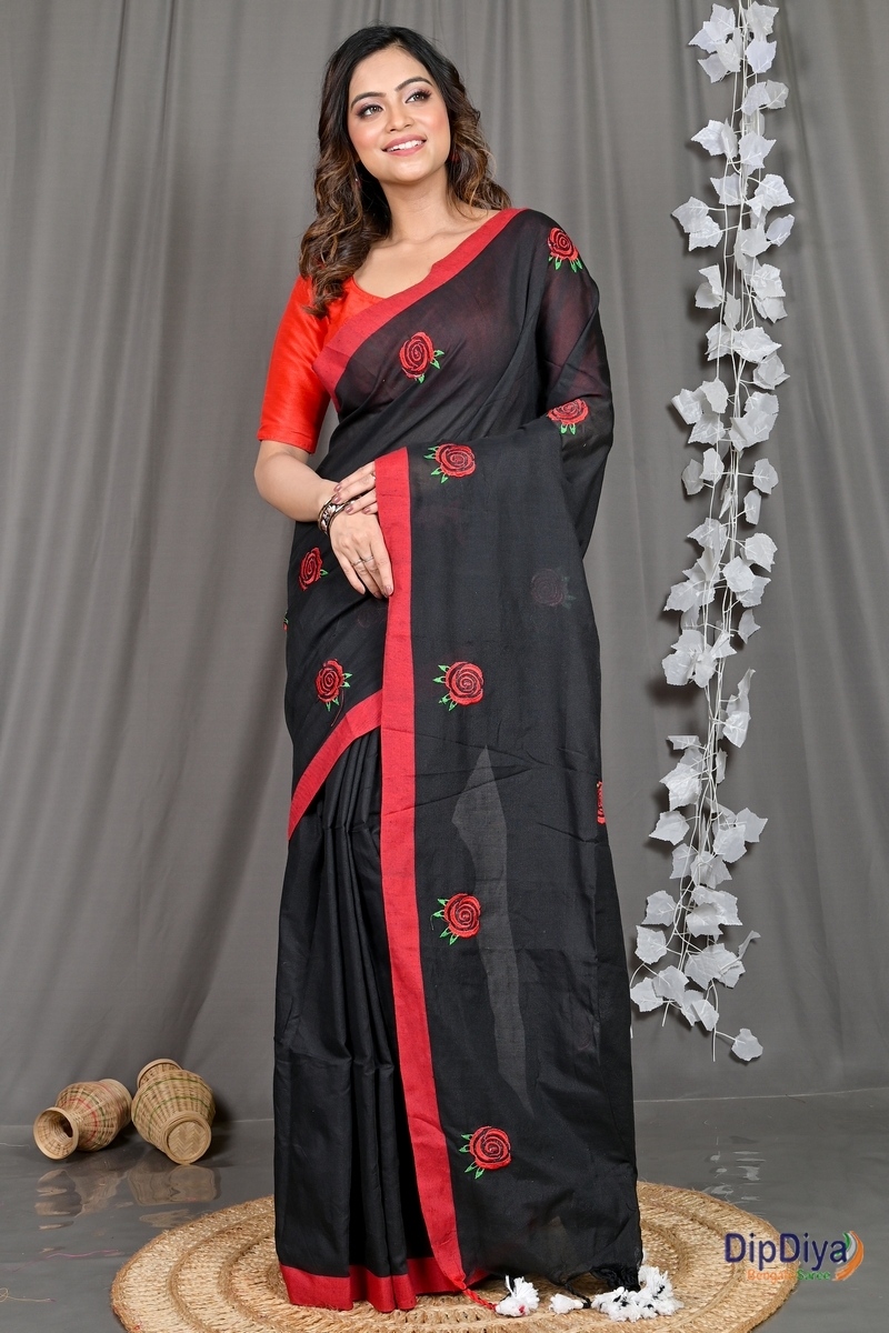 Black Pure Cotton Parag Embroidery Handloom saree (208)