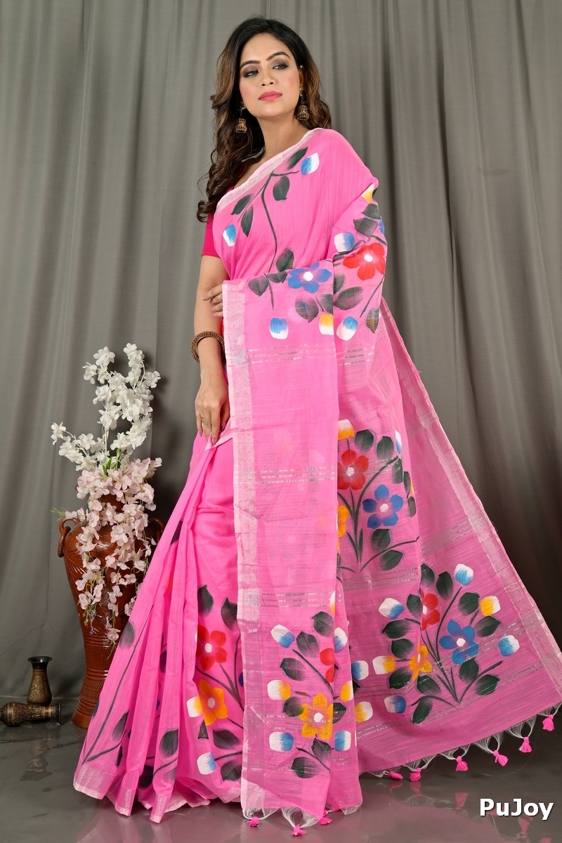 Pink Blended Cotton Anito Hand Painted Saree (2080)