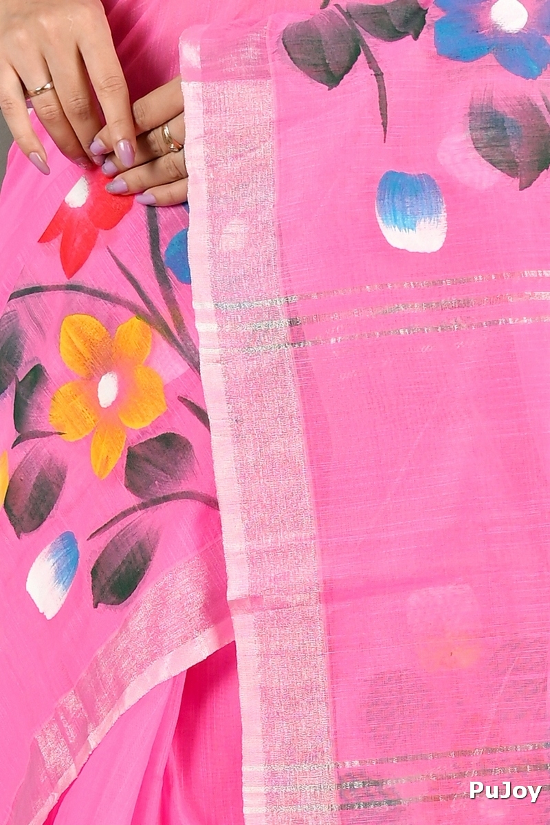 Pink Blended Cotton Anito Hand Painted Saree (2080)