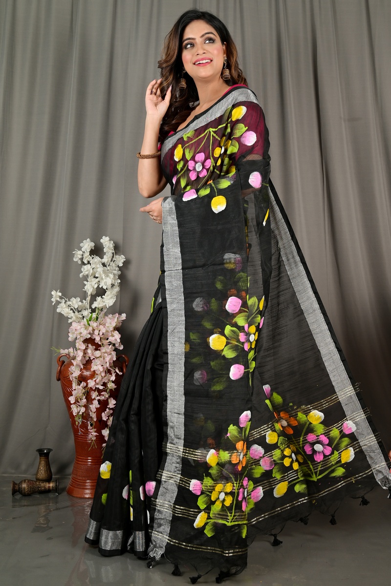 Black Blended Cotton Anito Hand Painted Saree (2081)