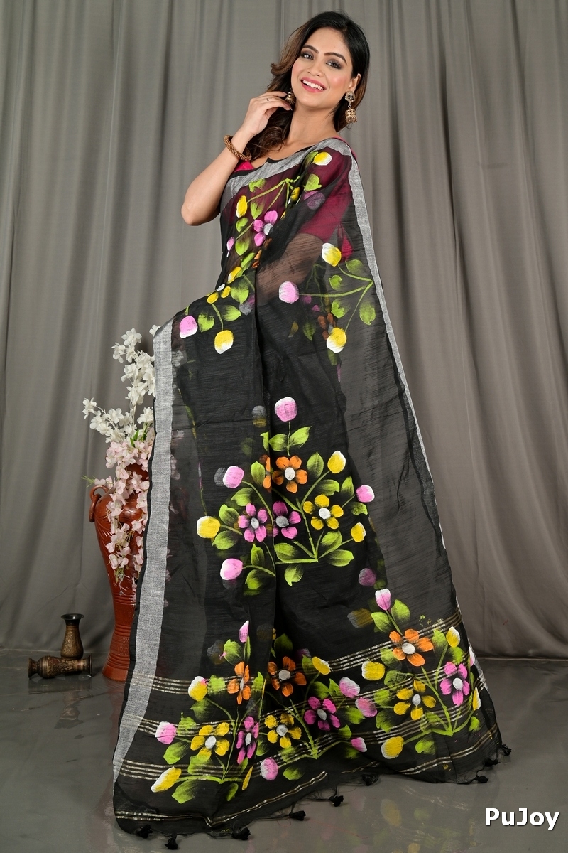 Black Blended Cotton Anito Hand Painted Saree (2081)