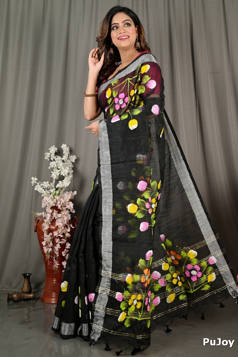 Black Blended Cotton Anito Hand Painted Saree (2081)
