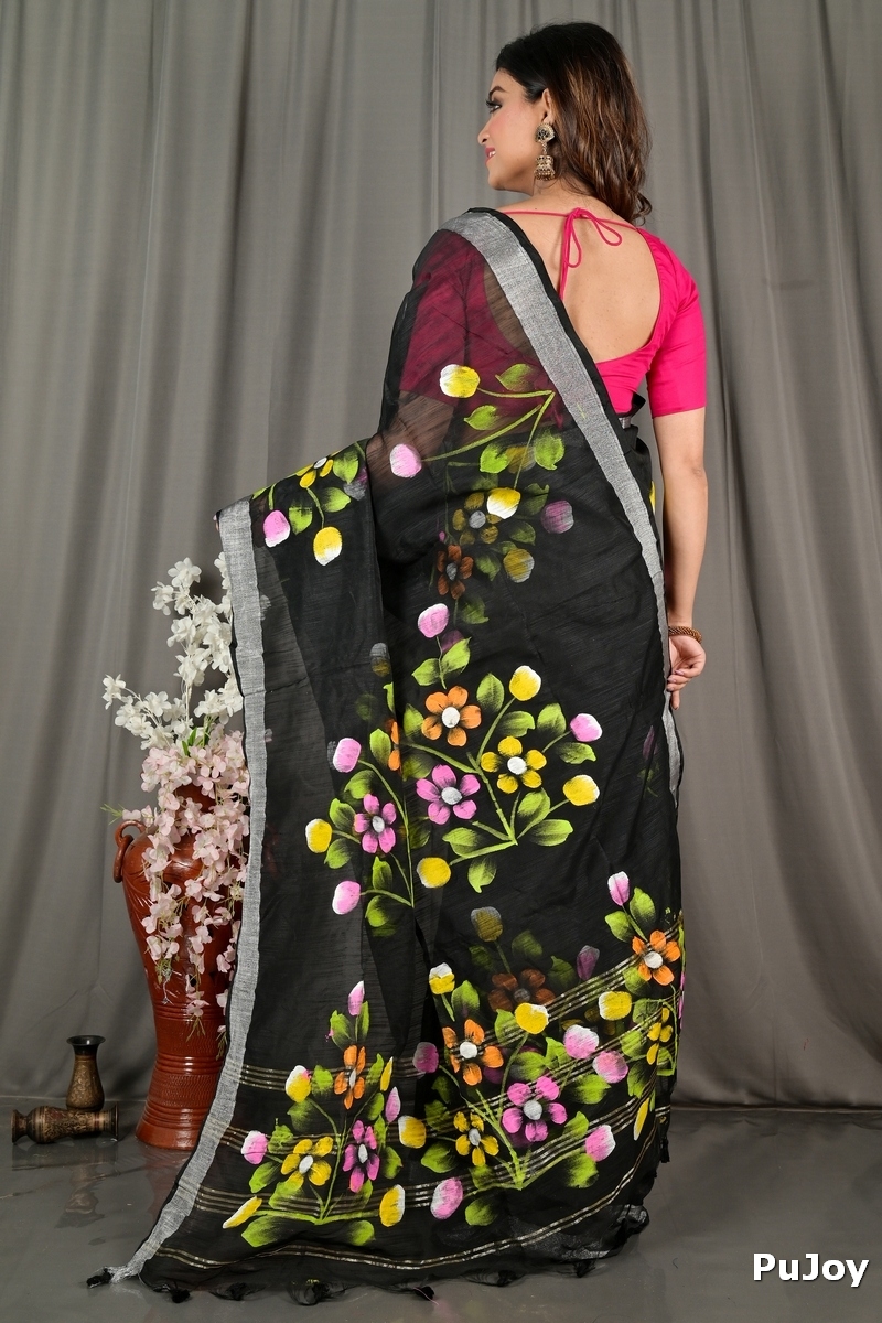 Black Blended Cotton Anito Hand Painted Saree (2081)