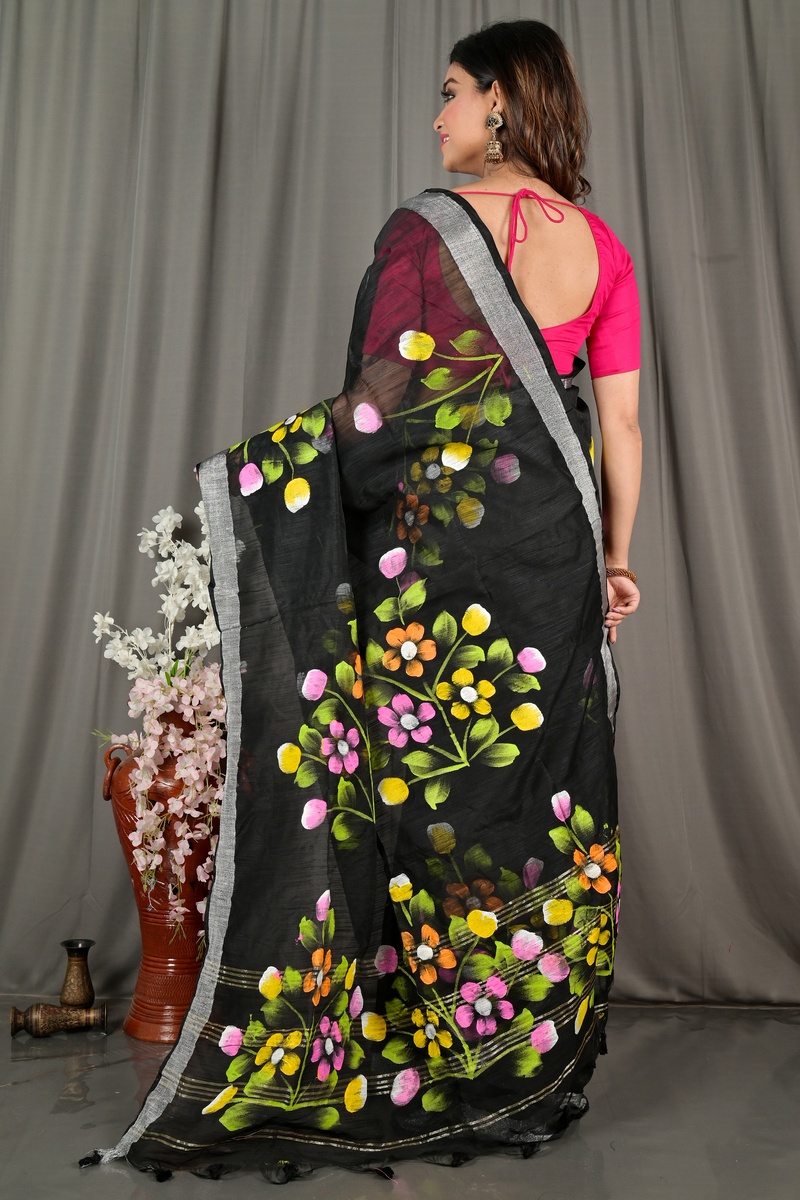 Black Blended Cotton Anito Hand Painted Saree (2081)